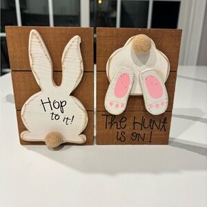 Wooden Easter “HOP TO IT” & THE HUNT IS ON”  Bunny Decor… 2 Pc. Set